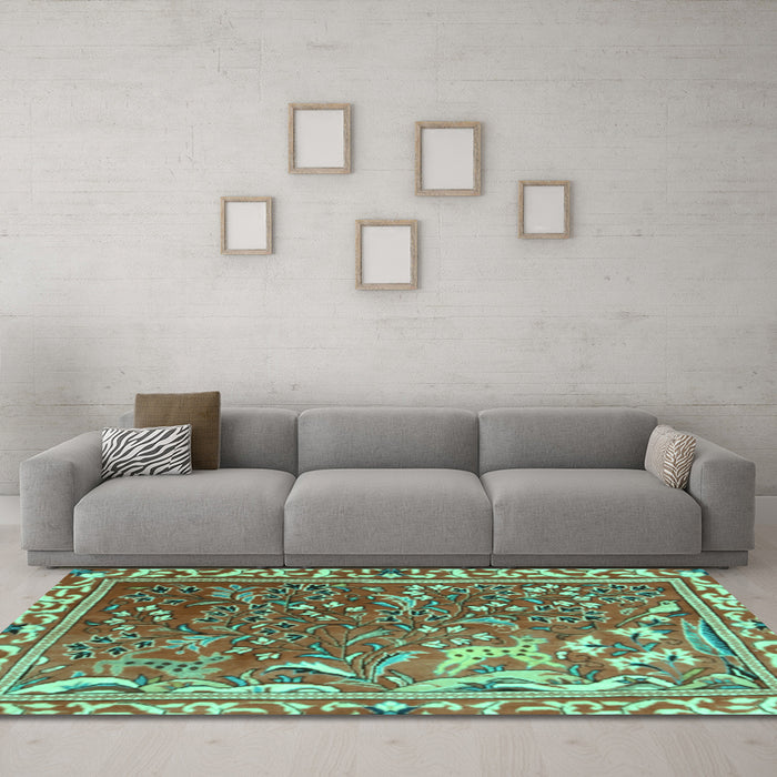 Machine Washable Persian Turquoise Traditional Area Rugs in a Living Room,, wshtr3896turq