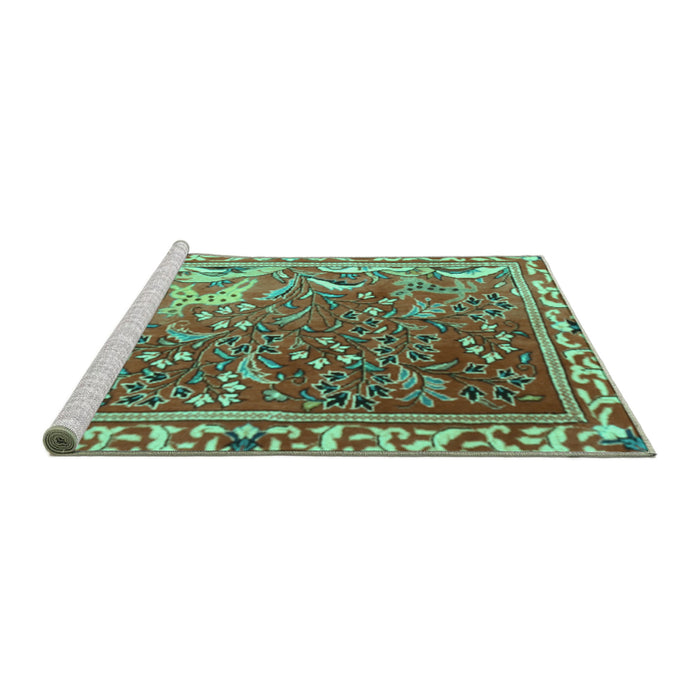 Sideview of Machine Washable Persian Turquoise Traditional Area Rugs, wshtr3896turq