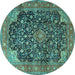 Round Machine Washable Medallion Turquoise Traditional Area Rugs, wshtr3898turq