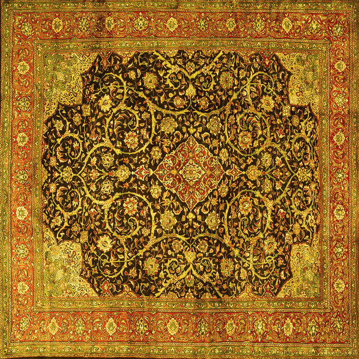 Square Machine Washable Medallion Yellow Traditional Rug, wshtr3898yw