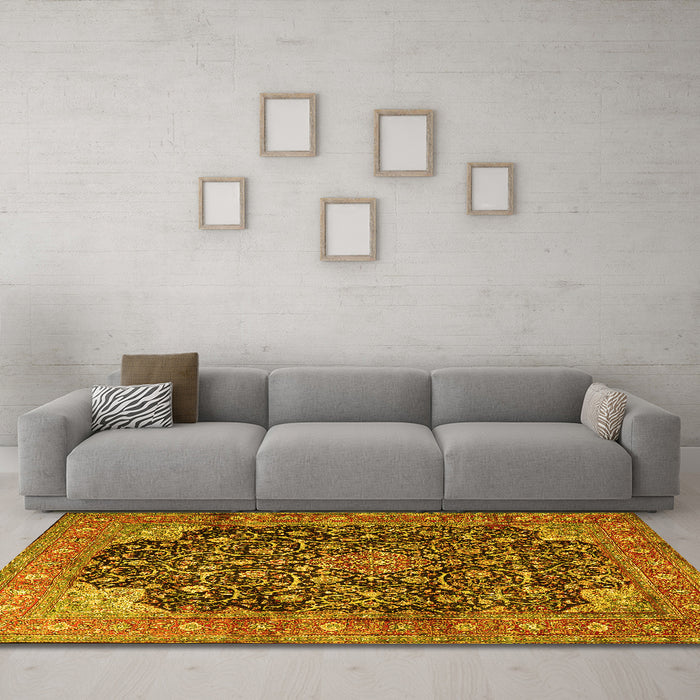 Machine Washable Medallion Yellow Traditional Rug in a Living Room, wshtr3898yw