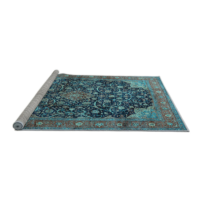 Sideview of Machine Washable Medallion Light Blue Traditional Rug, wshtr3898lblu