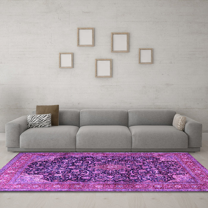 Machine Washable Medallion Purple Traditional Area Rugs in a Living Room, wshtr3898pur