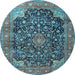 Round Machine Washable Medallion Light Blue Traditional Rug, wshtr3898lblu