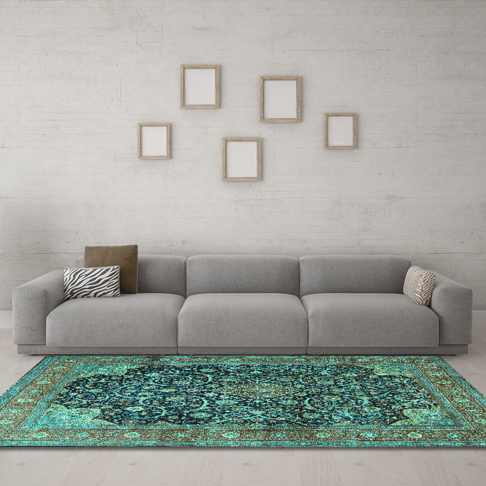 Machine Washable Medallion Turquoise Traditional Area Rugs in a Living Room,, wshtr3898turq