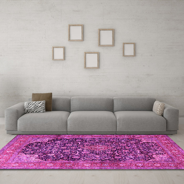 Machine Washable Medallion Pink Traditional Rug in a Living Room, wshtr3898pnk