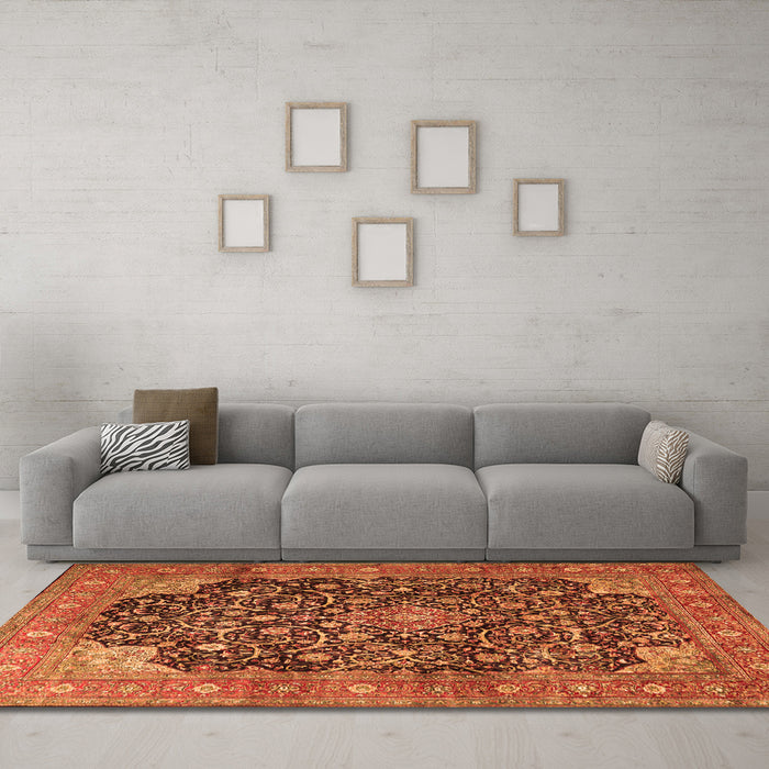 Machine Washable Medallion Orange Traditional Area Rugs in a Living Room, wshtr3898org
