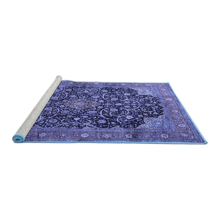 Sideview of Machine Washable Medallion Blue Traditional Rug, wshtr3898blu
