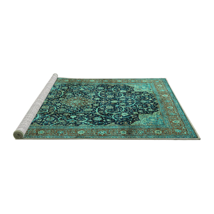 Sideview of Machine Washable Medallion Turquoise Traditional Area Rugs, wshtr3898turq