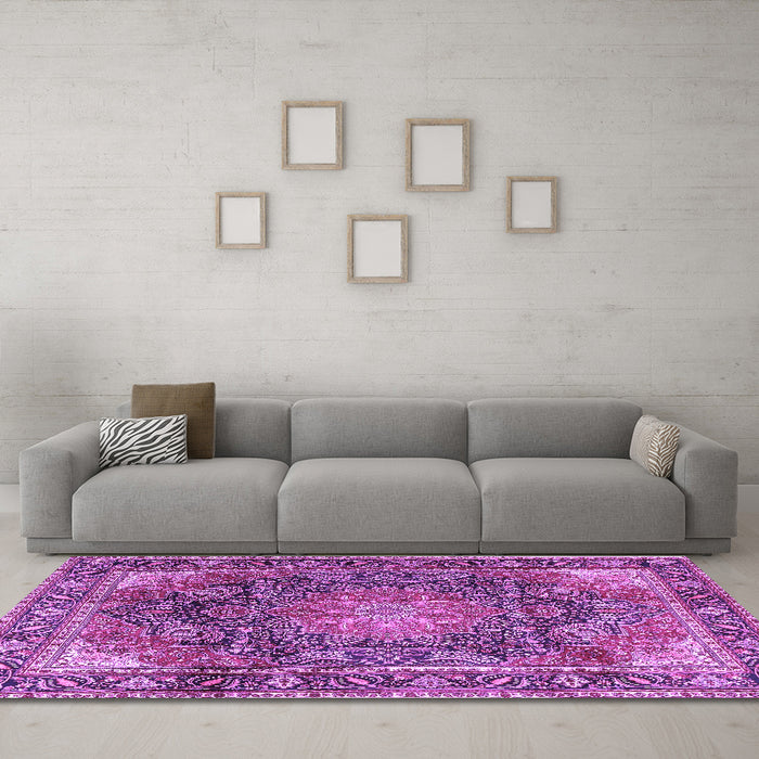 Machine Washable Medallion Purple Traditional Area Rugs in a Living Room, wshtr3899pur