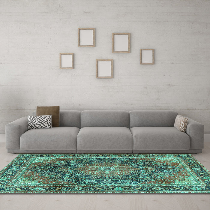Machine Washable Medallion Turquoise Traditional Area Rugs in a Living Room,, wshtr3899turq