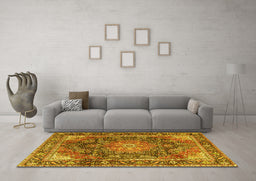 Machine Washable Medallion Yellow Traditional Rug in a Living Room, wshtr3899yw
