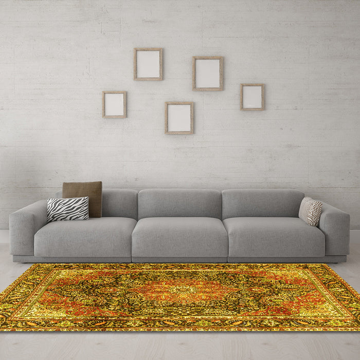 Machine Washable Medallion Yellow Traditional Rug in a Living Room, wshtr3899yw