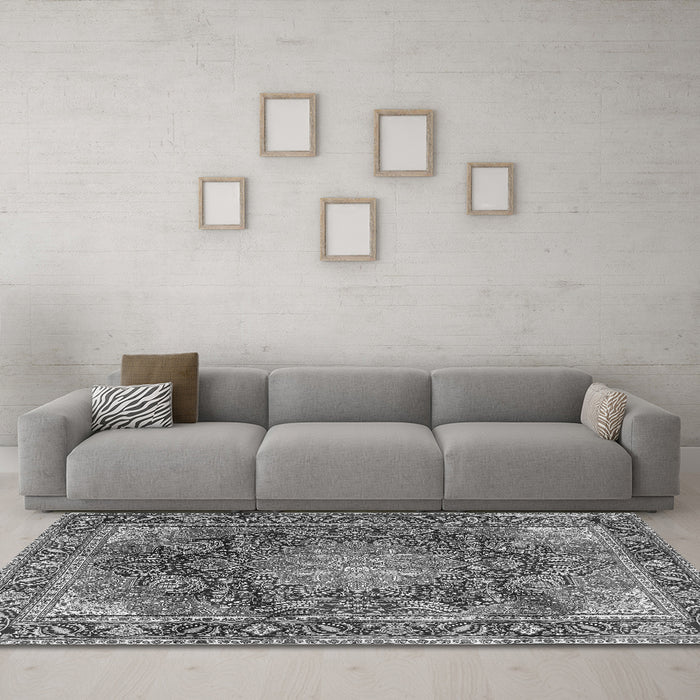 Machine Washable Medallion Gray Traditional Rug in a Living Room,, wshtr3899gry