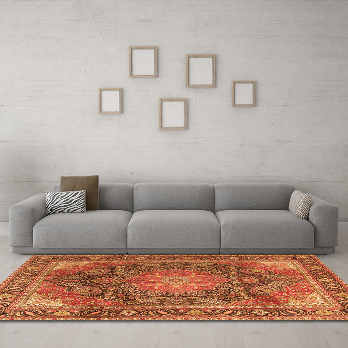 Machine Washable Medallion Orange Traditional Area Rugs in a Living Room, wshtr3899org