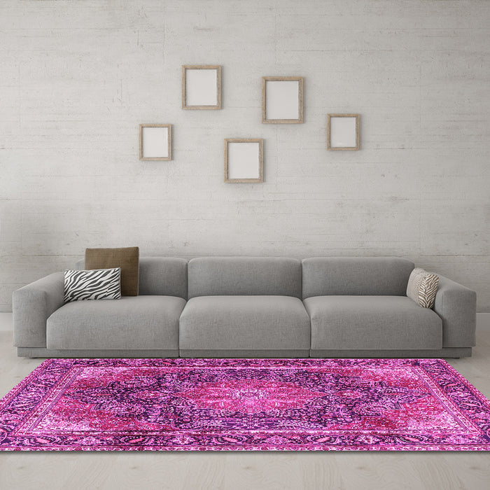 Machine Washable Medallion Pink Traditional Rug in a Living Room, wshtr3899pnk