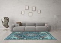 Machine Washable Medallion Light Blue Traditional Rug, wshtr3899lblu