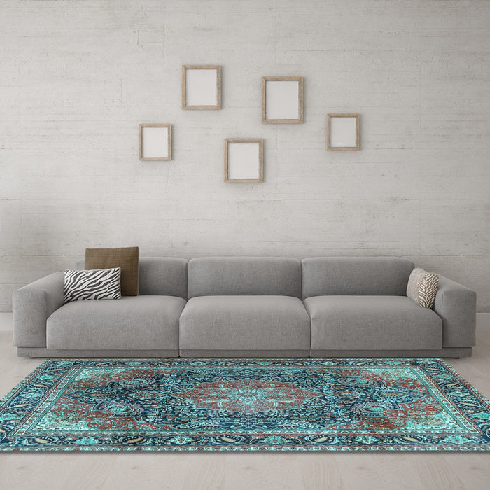 Machine Washable Medallion Light Blue Traditional Rug in a Living Room, wshtr3899lblu