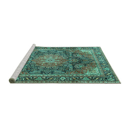 Sideview of Machine Washable Medallion Turquoise Traditional Area Rugs, wshtr3899turq