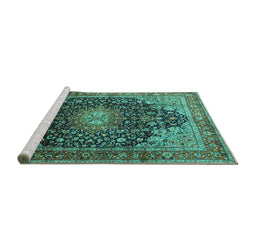 Sideview of Machine Washable Medallion Turquoise Traditional Area Rugs, wshtr389turq