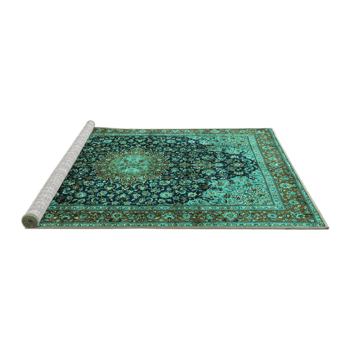 Sideview of Machine Washable Medallion Turquoise Traditional Area Rugs, wshtr389turq
