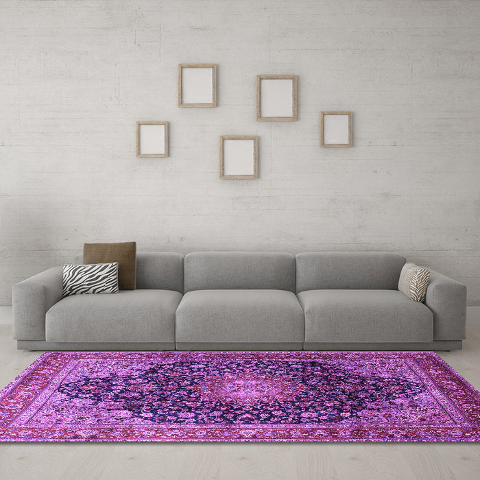 Machine Washable Medallion Purple Traditional Area Rugs in a Living Room, wshtr389pur