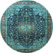 Round Machine Washable Medallion Light Blue Traditional Rug, wshtr389lblu