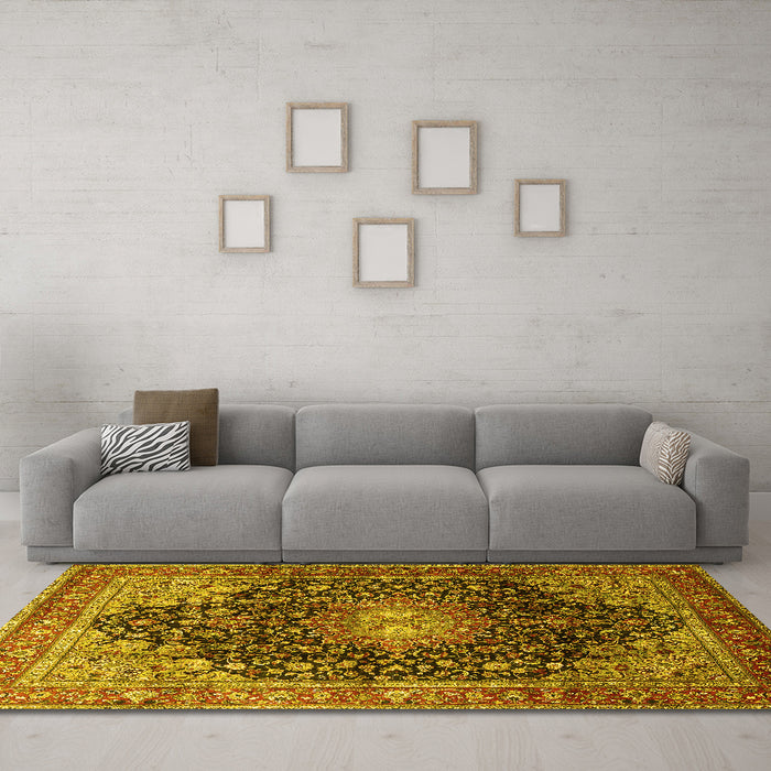 Machine Washable Medallion Yellow Traditional Rug in a Living Room, wshtr389yw