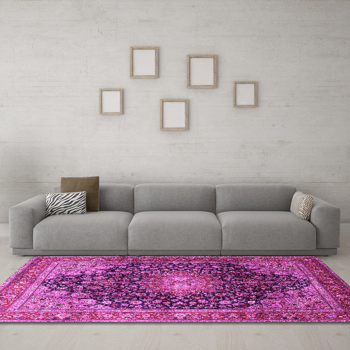 Machine Washable Medallion Pink Traditional Rug in a Living Room, wshtr389pnk