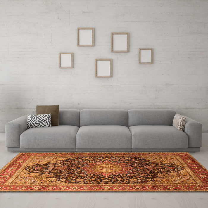 Machine Washable Medallion Orange Traditional Area Rugs in a Living Room, wshtr389org