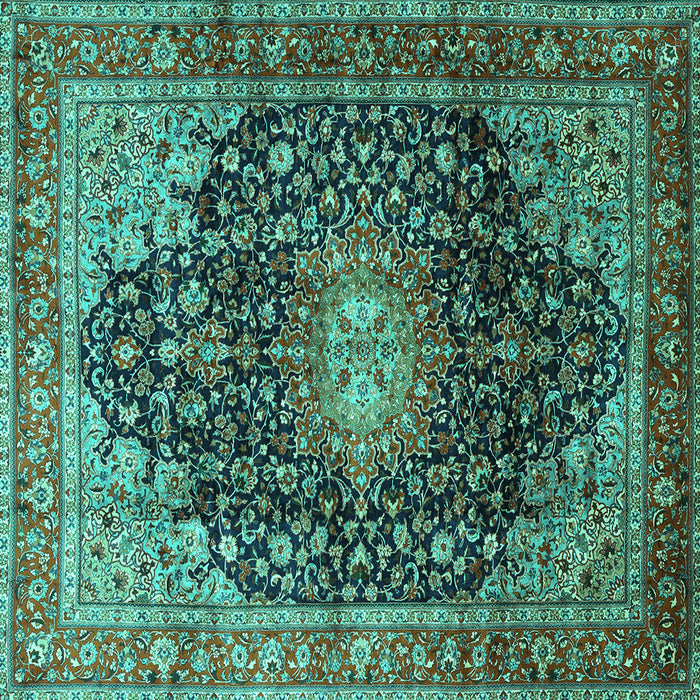 Square Machine Washable Medallion Turquoise Traditional Area Rugs, wshtr389turq