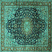 Square Machine Washable Medallion Turquoise Traditional Area Rugs, wshtr389turq