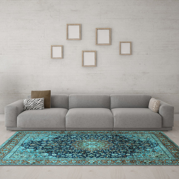 Machine Washable Medallion Light Blue Traditional Rug in a Living Room, wshtr389lblu