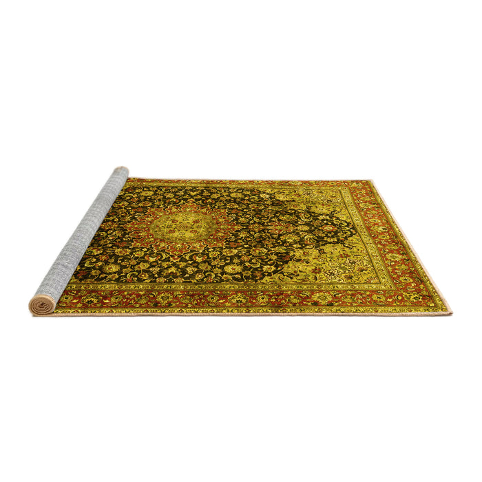 Sideview of Machine Washable Medallion Yellow Traditional Rug, wshtr389yw