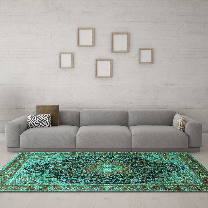 Machine Washable Medallion Turquoise Traditional Area Rugs in a Living Room,, wshtr389turq