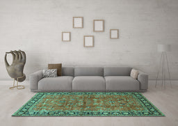 Machine Washable Oriental Turquoise Traditional Area Rugs in a Living Room,, wshtr38turq