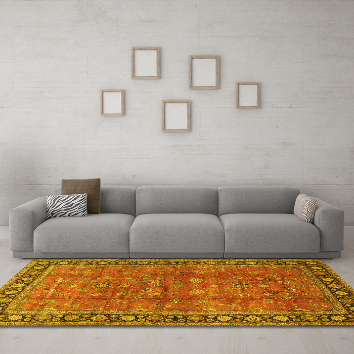 Machine Washable Oriental Yellow Traditional Rug in a Living Room, wshtr38yw