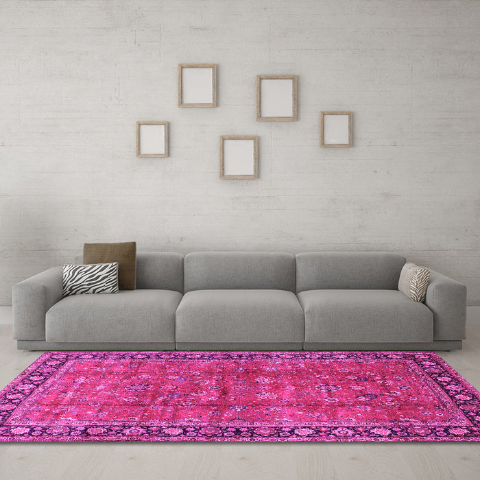 Machine Washable Oriental Pink Traditional Rug in a Living Room, wshtr38pnk