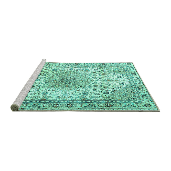 Sideview of Machine Washable Medallion Turquoise Traditional Area Rugs, wshtr3900turq