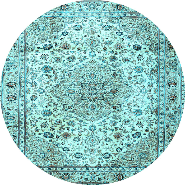 Round Machine Washable Medallion Light Blue Traditional Rug, wshtr3900lblu