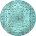 Round Machine Washable Medallion Light Blue Traditional Rug, wshtr3900lblu