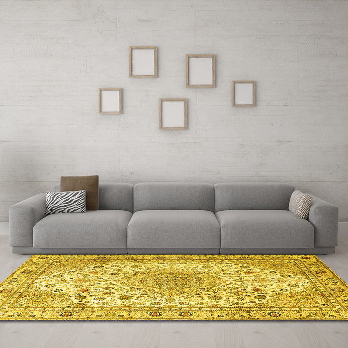 Machine Washable Medallion Yellow Traditional Rug in a Living Room, wshtr3900yw