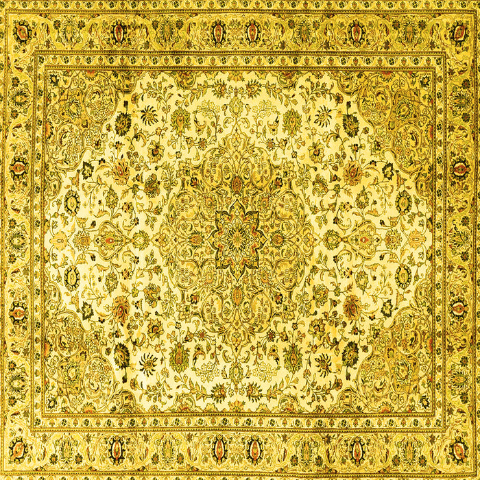 Square Machine Washable Medallion Yellow Traditional Rug, wshtr3900yw