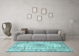 Machine Washable Medallion Light Blue Traditional Rug in a Living Room, wshtr3900lblu