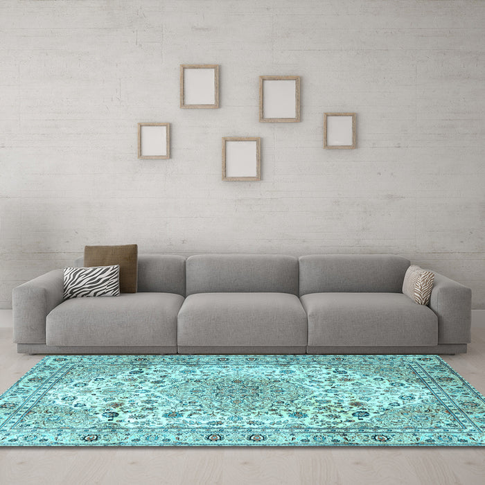 Machine Washable Medallion Light Blue Traditional Rug in a Living Room, wshtr3900lblu
