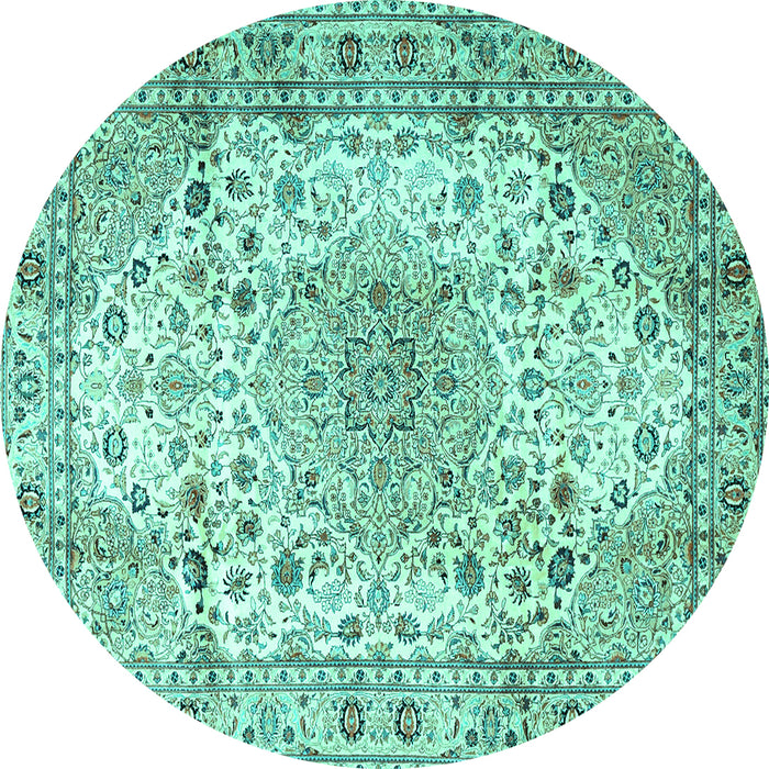 Round Machine Washable Medallion Turquoise Traditional Area Rugs, wshtr3900turq