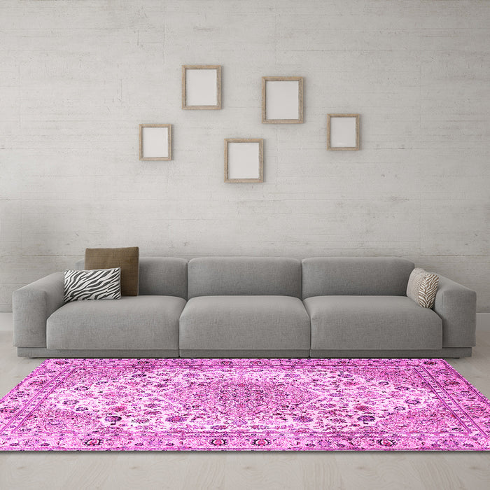 Machine Washable Medallion Pink Traditional Rug in a Living Room, wshtr3900pnk