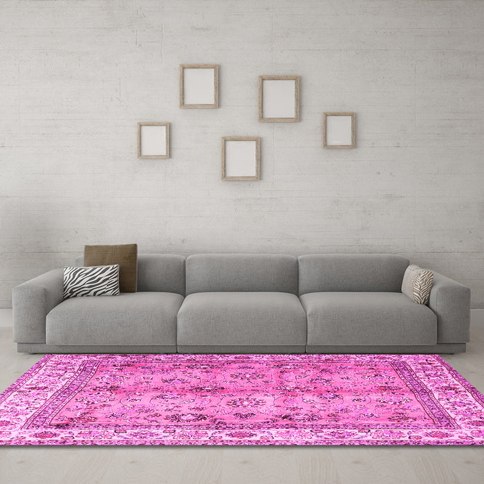 Machine Washable Oriental Pink Traditional Rug in a Living Room, wshtr3901pnk