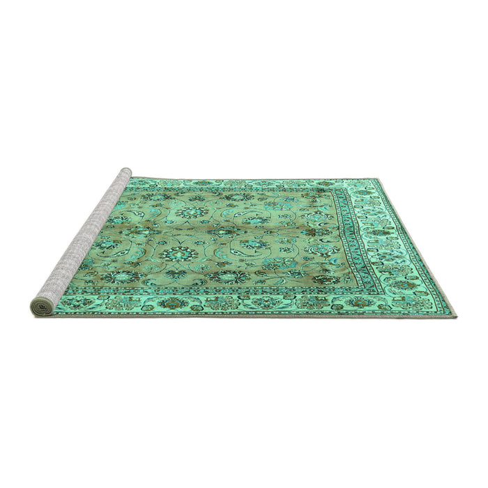 Sideview of Machine Washable Oriental Turquoise Traditional Area Rugs, wshtr3901turq