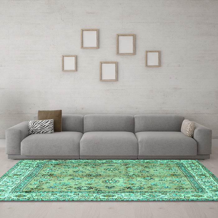 Machine Washable Oriental Turquoise Traditional Area Rugs in a Living Room,, wshtr3901turq
